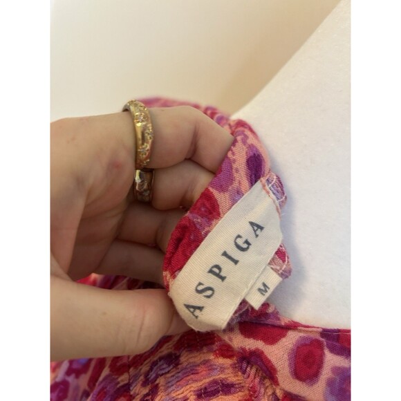 Aspiga Top Womens M Pink Patterned Blouse Boho Button Shirt Peasant Polka Dot - Picture 5 of 5